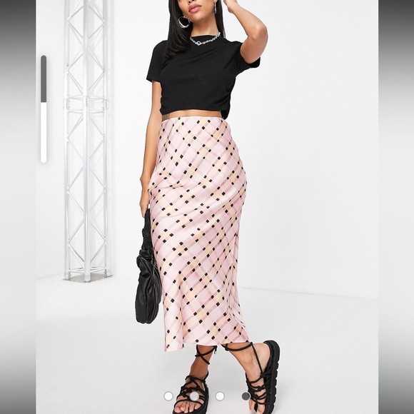 Topshop check midi bias slip skirt in pink size 2 - Picture 1 of 16